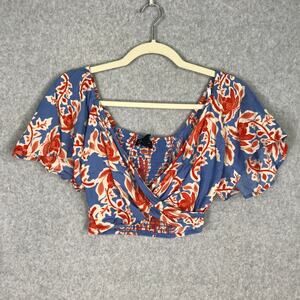 Jessica Simpson Crop Top Womens XS‎ Floral Wrap Ruffle Resort Rodeo Coastal Boho